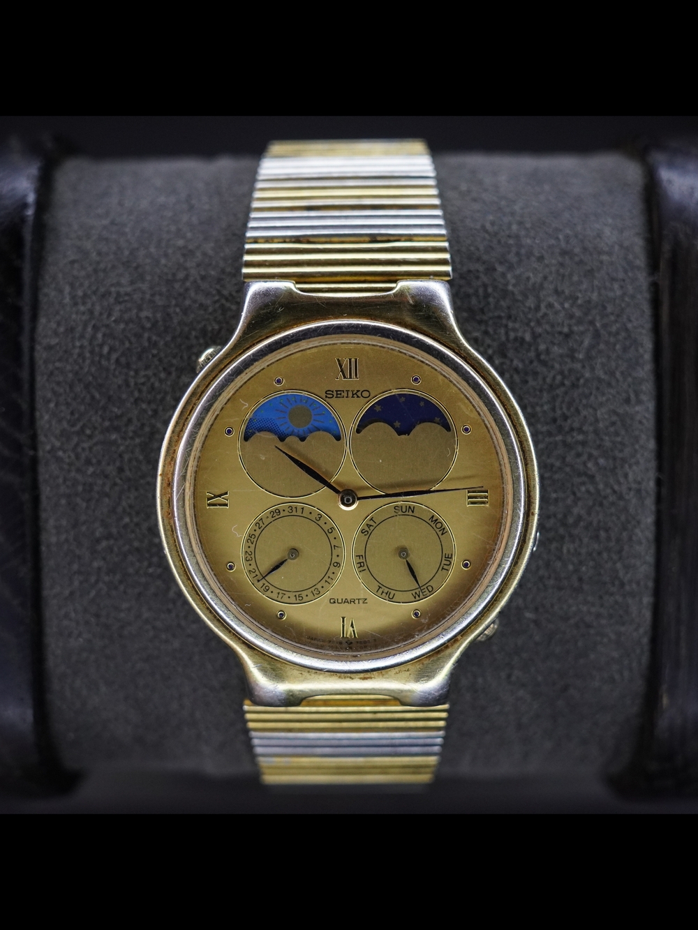 Rare Vintage 1987 Seiko 7F18-7000 Moonphase Day Date Quartz Two Tone Watch